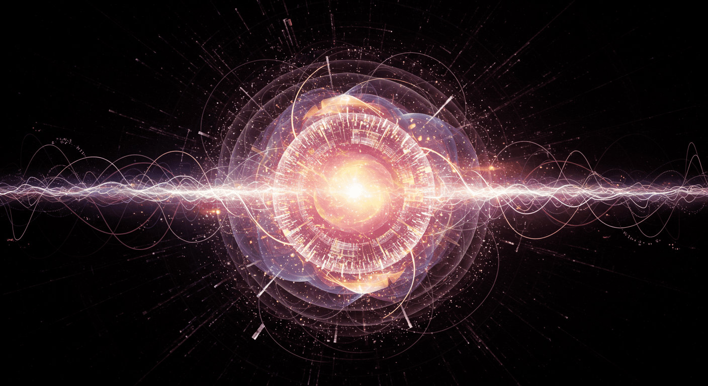 Abstract quantum art depicting superposition, entanglement, and probabilistic nature of quantum mechanics."