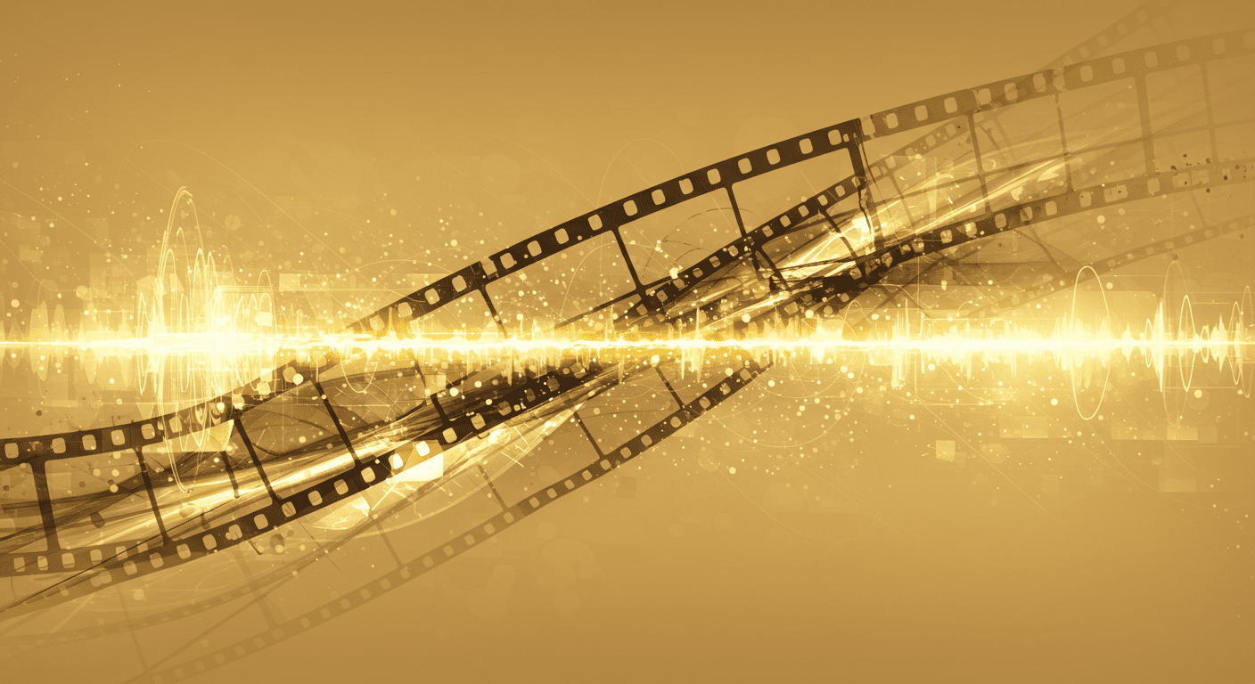 Abstract image representing the technological innovations of the Golden Age of Hollywood, blending film strips, light patterns, and sound waves."