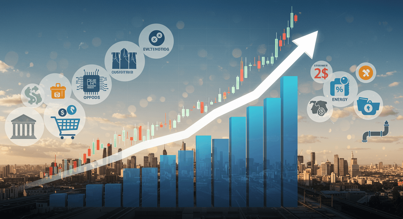 Stylized stock market chart with industry symbols, representing undervalued stocks.