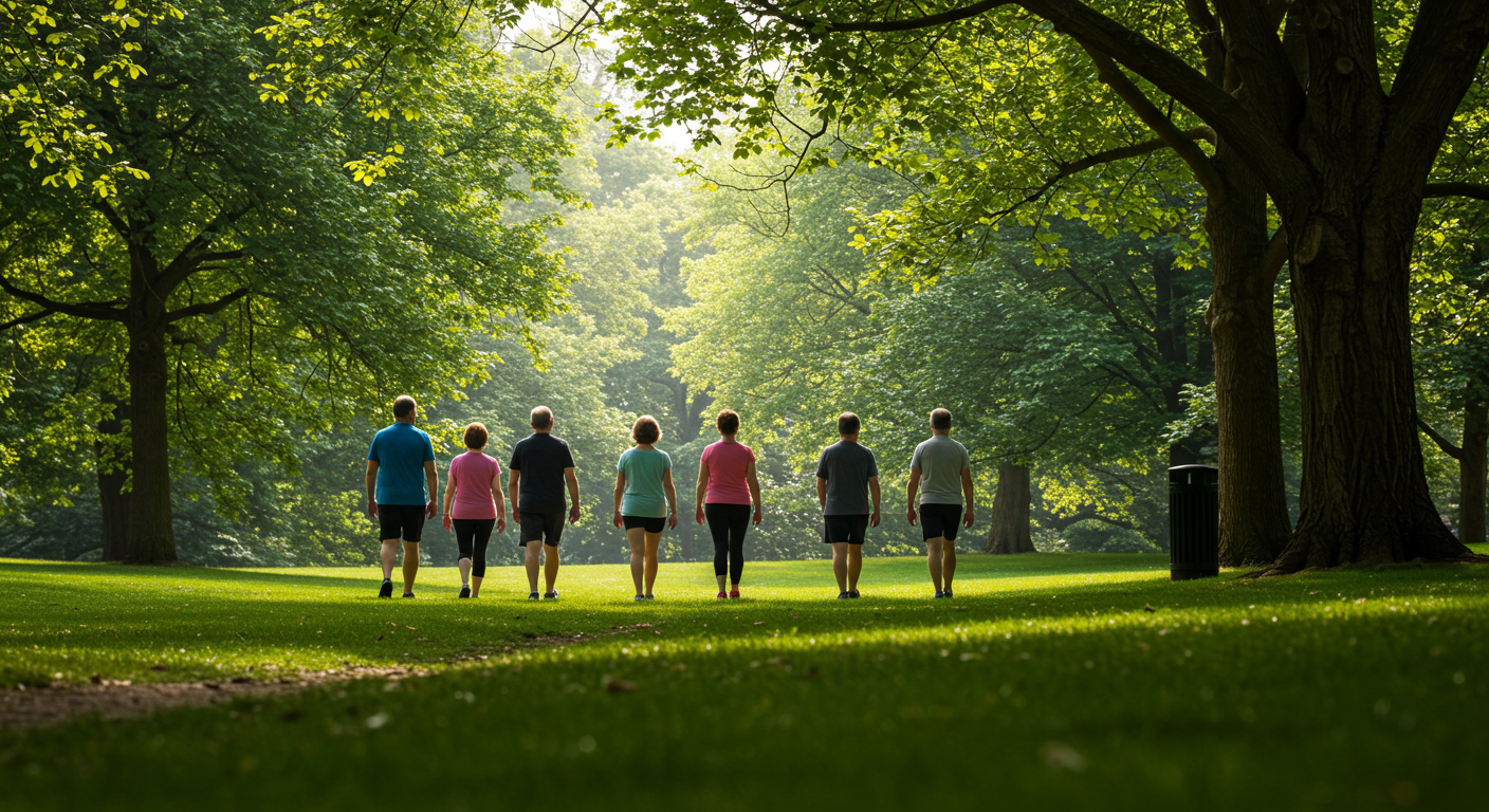 Walking: The Hidden Key to Weight Loss and Well-Being - Zentara.blog Diverse individuals walking peacefully in a green park.
