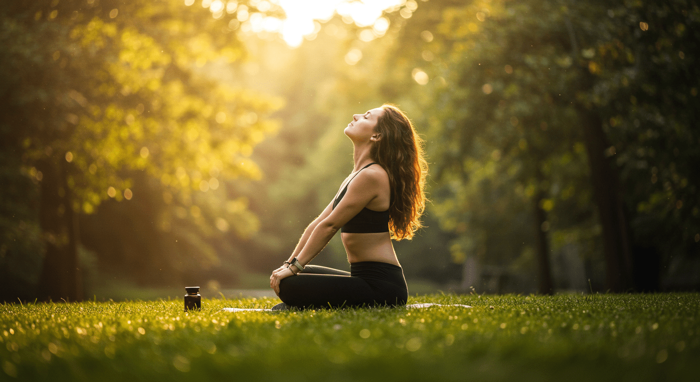 Person practicing calming activity in nature, representing natural stress relief and relaxation.