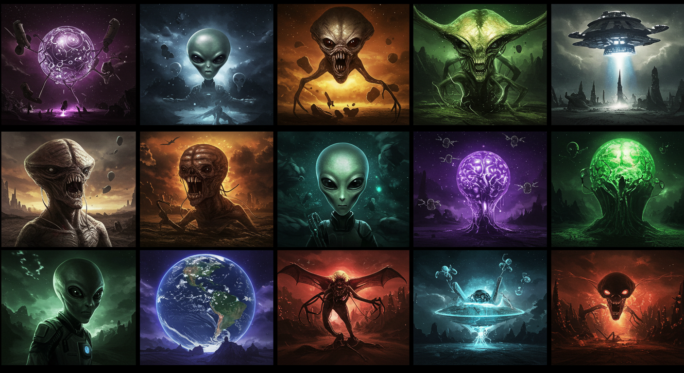 Whispers and Thunder: Ten Alien Invasion Scenarios That Reshape Humanity's Destiny - Zentara.blog Composite image of ten alien invasion scenarios."