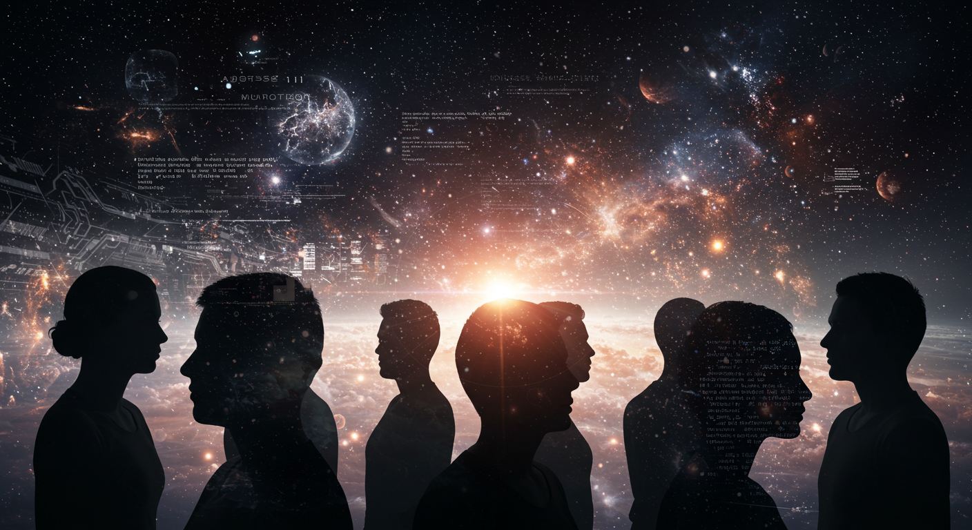 Exploring the Simulation Hypothesis: Reality or Illusion? - Zentara.blog Diverse people contemplating a universe intertwined with digital code, representing the simulation hypothesis.