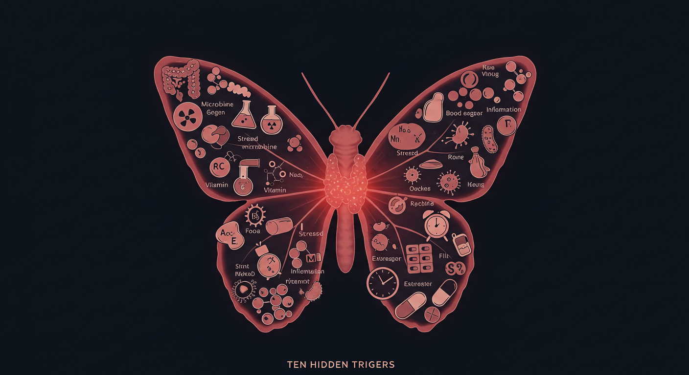 Hidden Triggers of Thyroid Imbalance You Should Know - Zentara.blog "Abstract representation of thyroid gland interwoven with symbols of ten hidden triggers of thyroid imbalance."